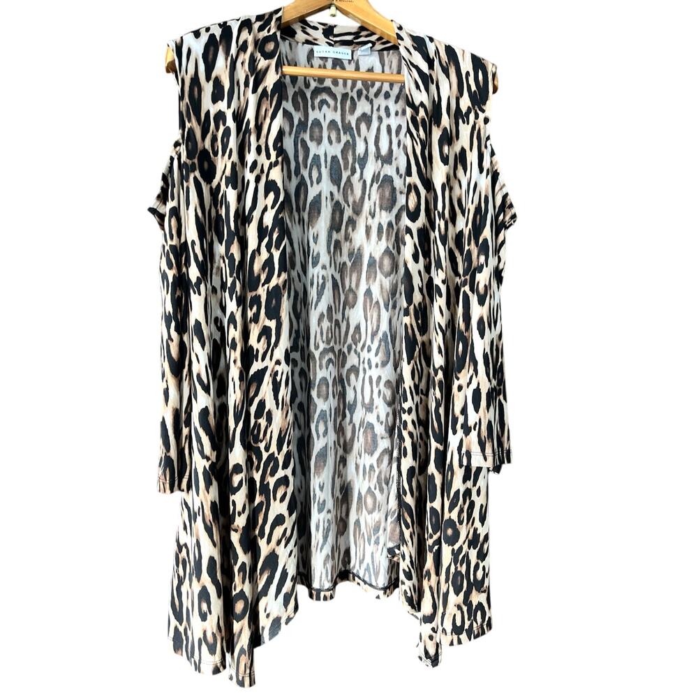 Susan Graver Duster Open Front Cardigan Leopard Print Size 2X Cut Out Shoulder